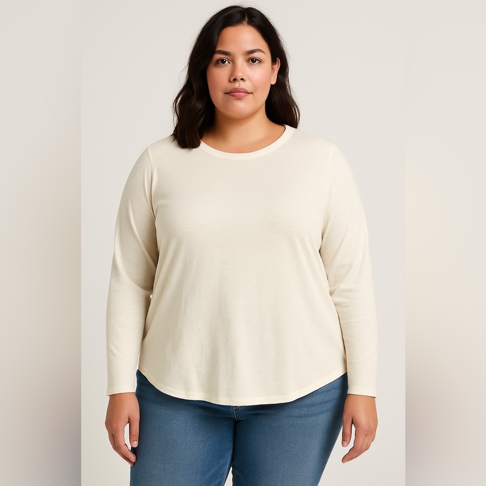 LOFT Cream Long Sleeve Tee Shirt XL Soft Cotton Blend Crew Neck Curved Hem Top